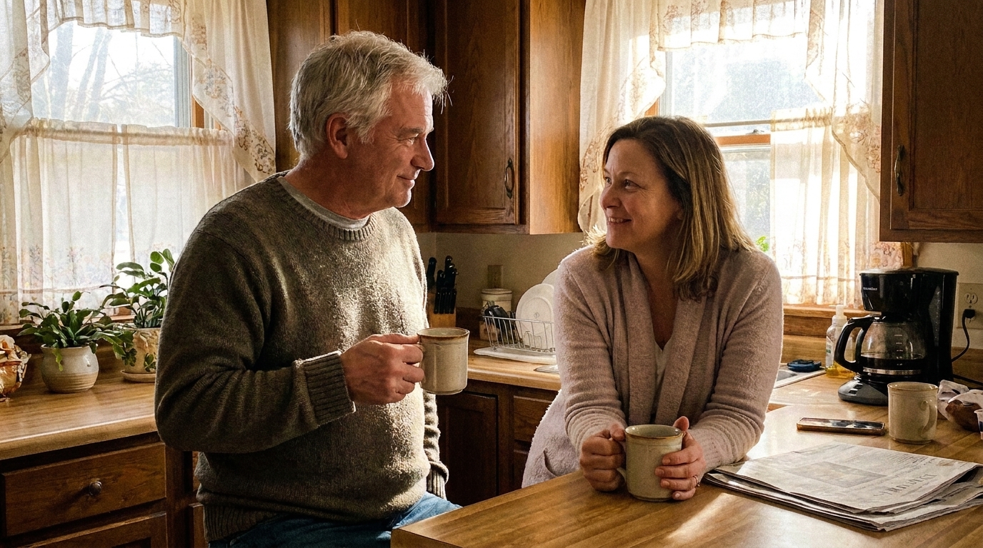 A couple talking over morning coffee in the kitchen, rested and at ease