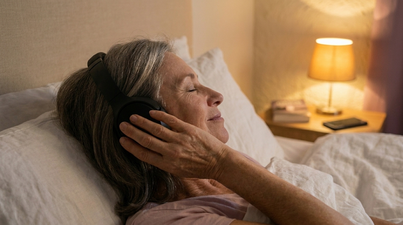 A woman lying back with headphones on, eyes closed and at peace