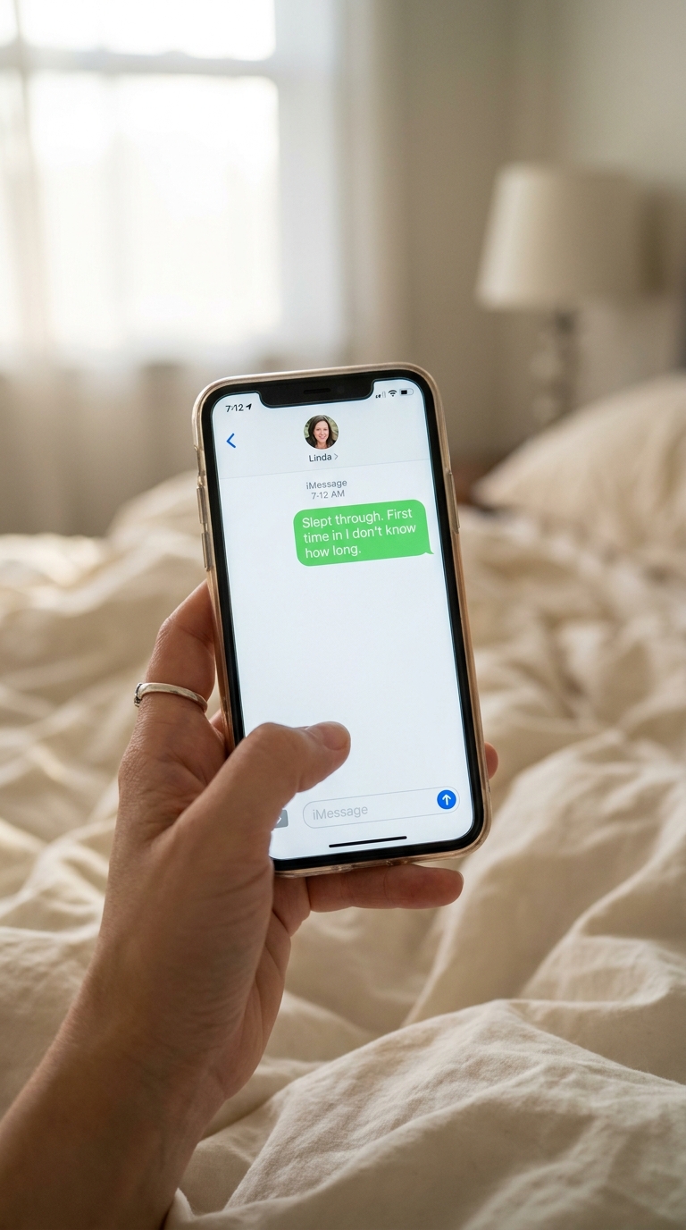 Linda's iMessage at 7:12 AM reading: Slept through. First time in I don't know how long.