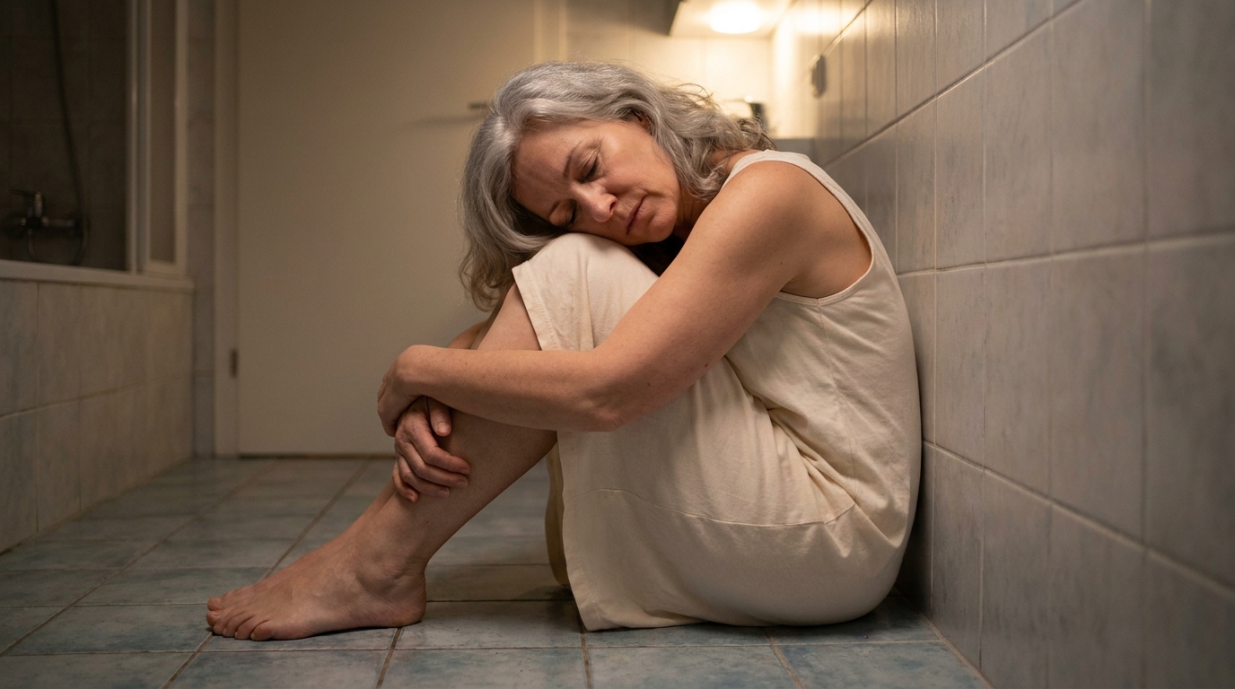 A woman sitting on the bathroom floor in the early morning light