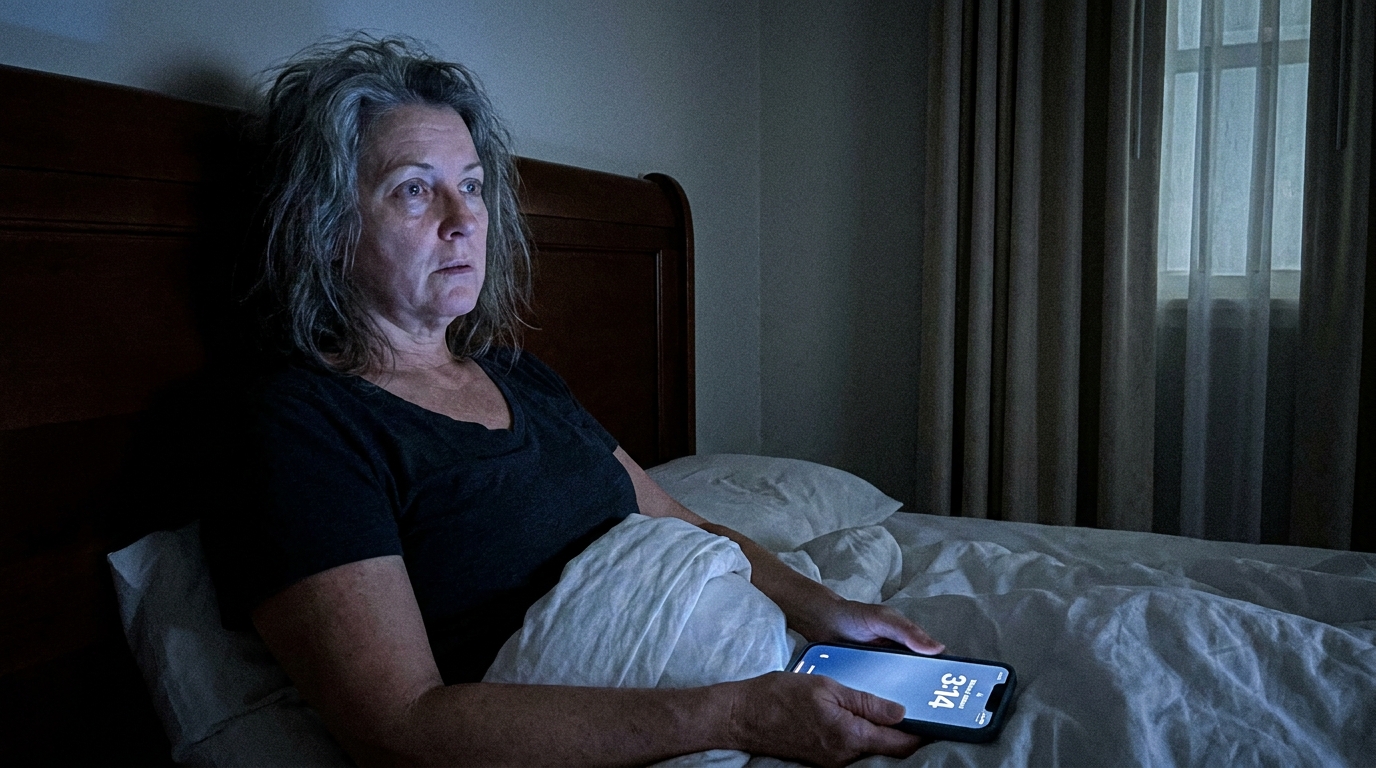 A woman sitting up in bed in the dark, phone showing 3:14am