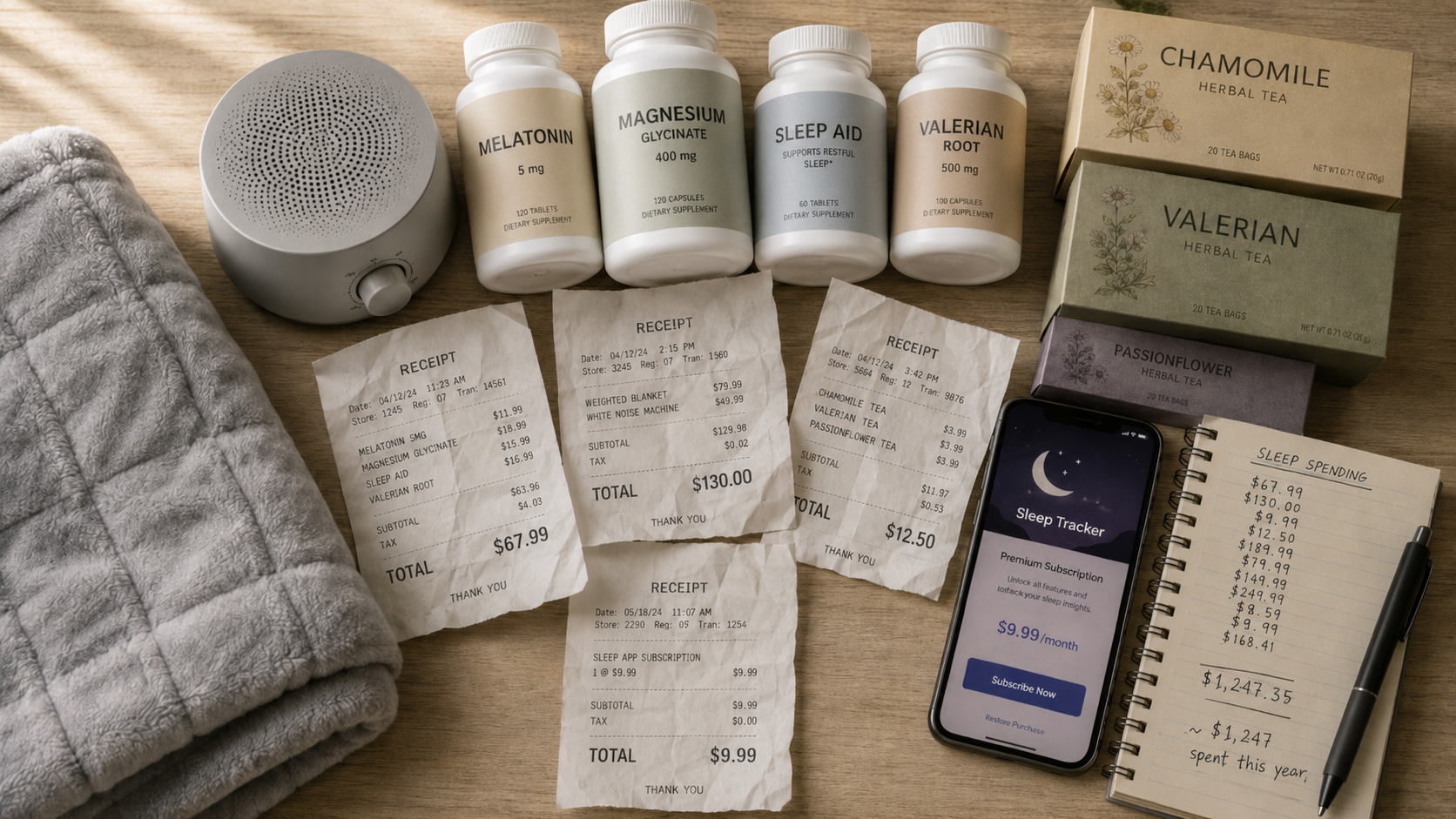 A bedside pile of supplement bottles, sleep gadgets, and remedies