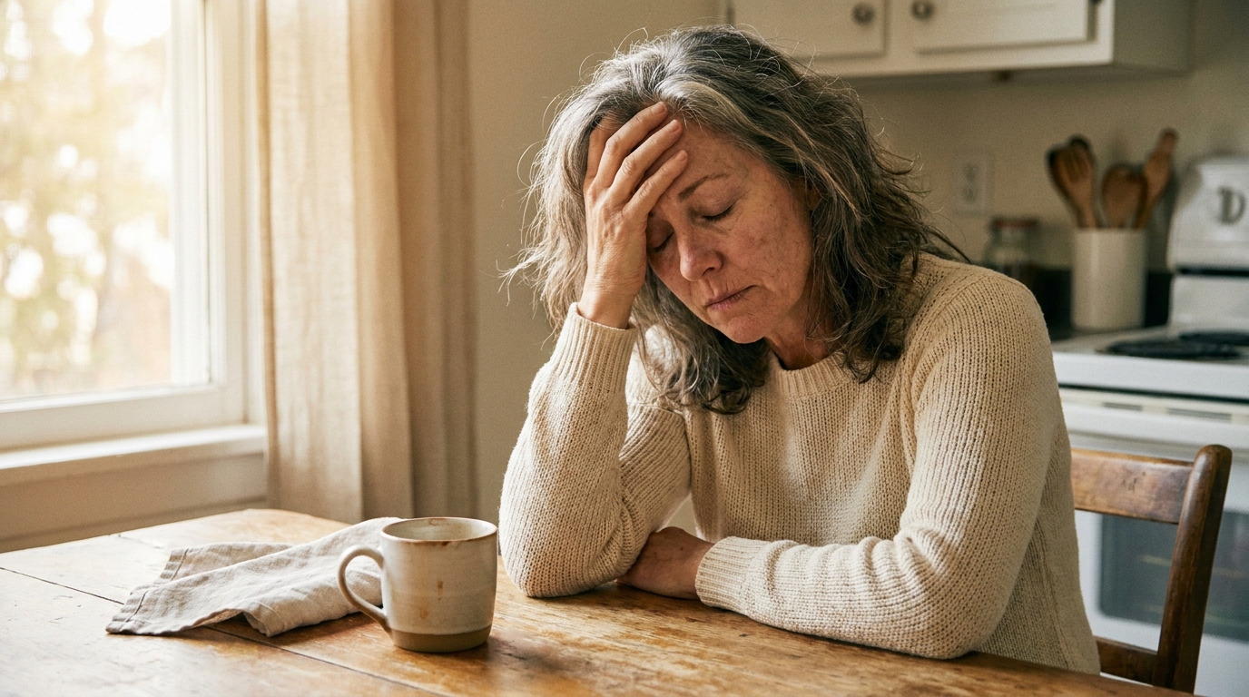 A woman leaning on her kitchen counter, exhausted before the day starts
