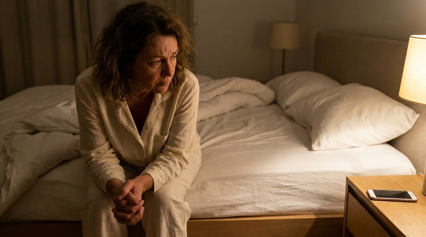 A woman sitting on the edge of her bed in the middle of the night, unable to sleep