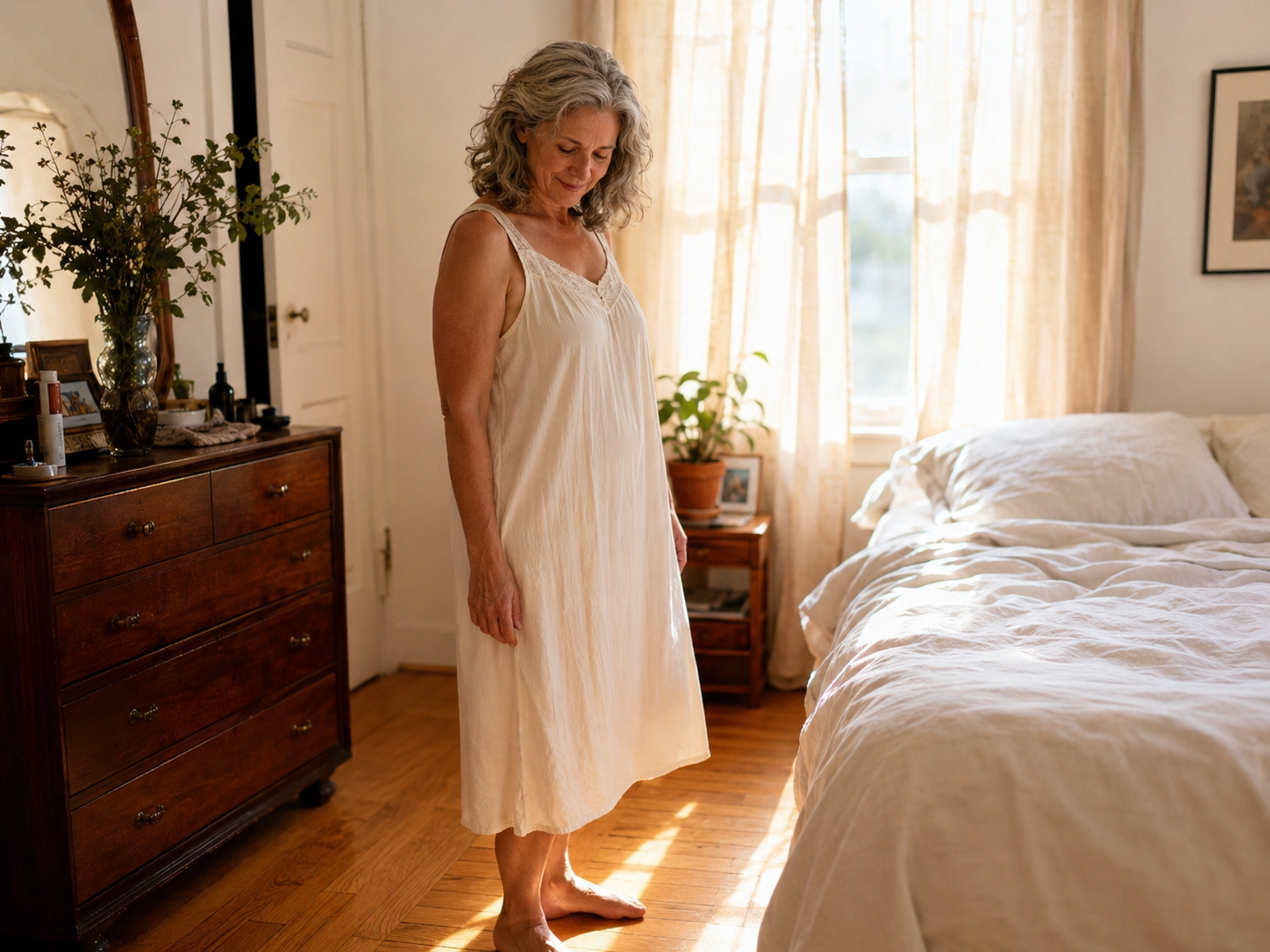 A woman standing rested and calm in soft morning light