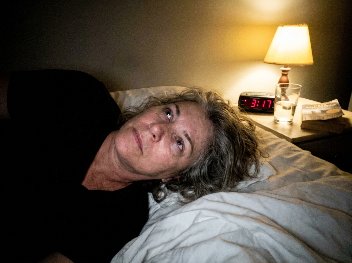 A woman lying awake in bed at night, eyes open, the bedside clock showing 3:17am